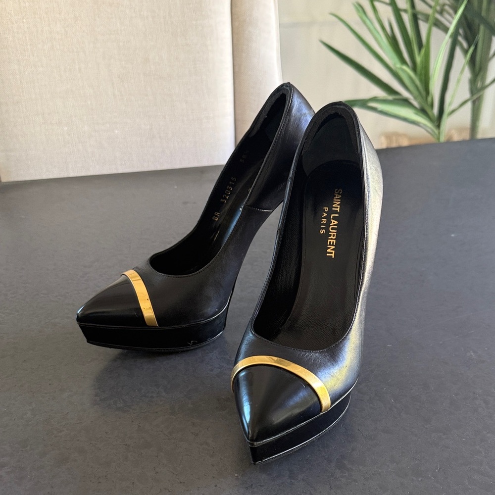 💯 AUTHENTIC Saint Laurent Black Platform Heels with Gold Trim Black Size 38.5 - Picture 2 of 12